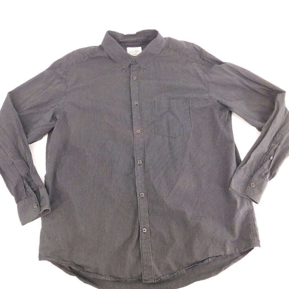 Old Navy Dress Shirt Mens Size L Button Down Long Sleeve Black Gray Striped